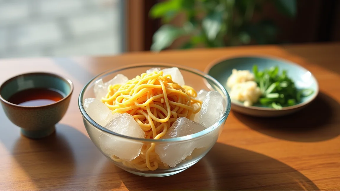 ガラスの器に盛ったそうめんとつけつゆ、薬味
