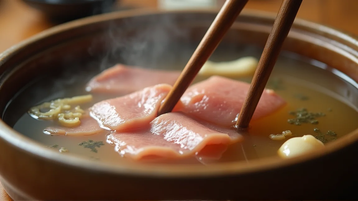 静かな湯の鍋で薄切りの豚肉を箸で泳がせている手元