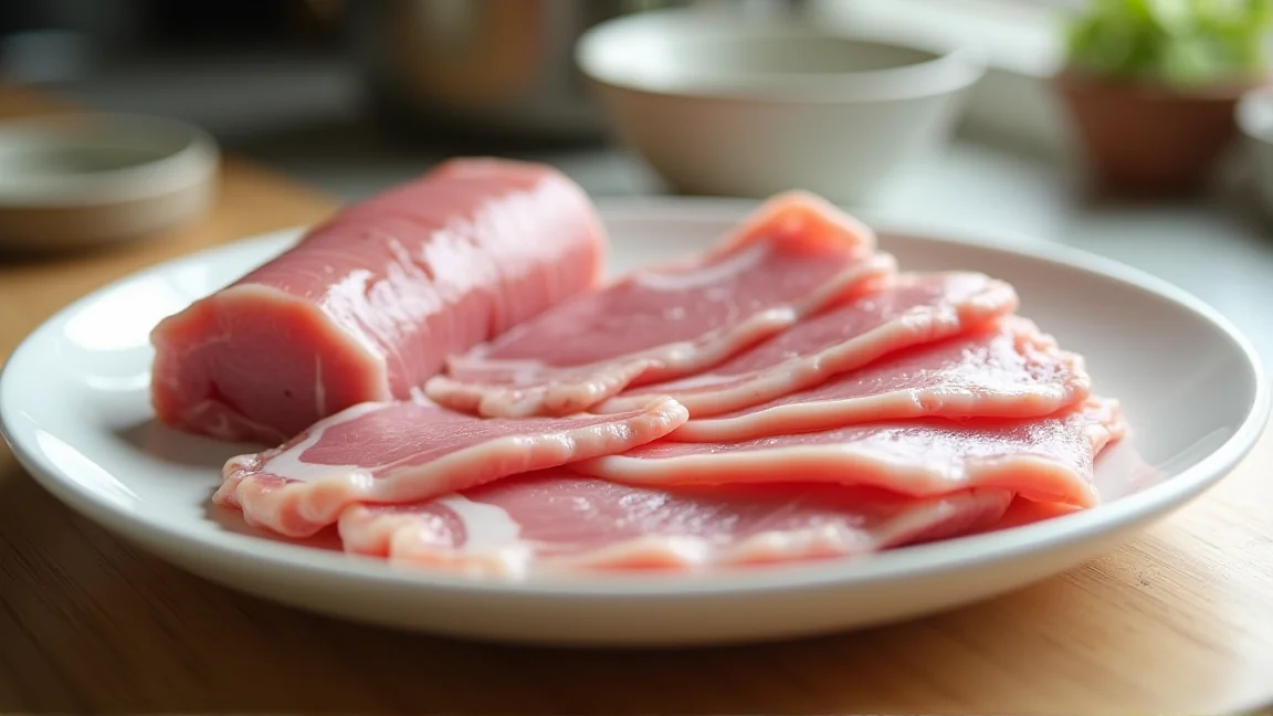 部位の違う薄切り豚肉を並べた皿