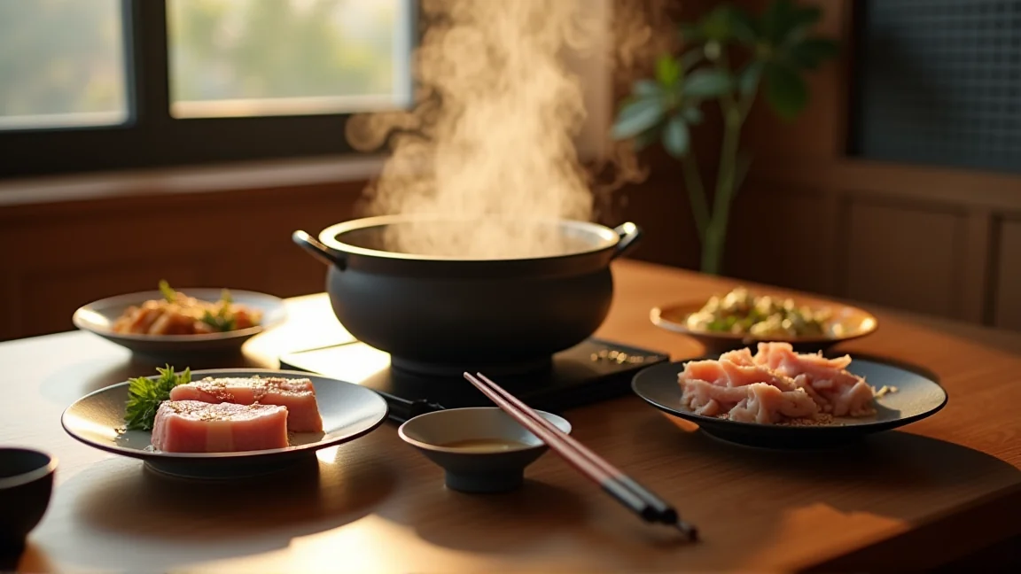 食卓の鍋のそばに生肉用の菜箸と取り箸が別々に置かれている様子