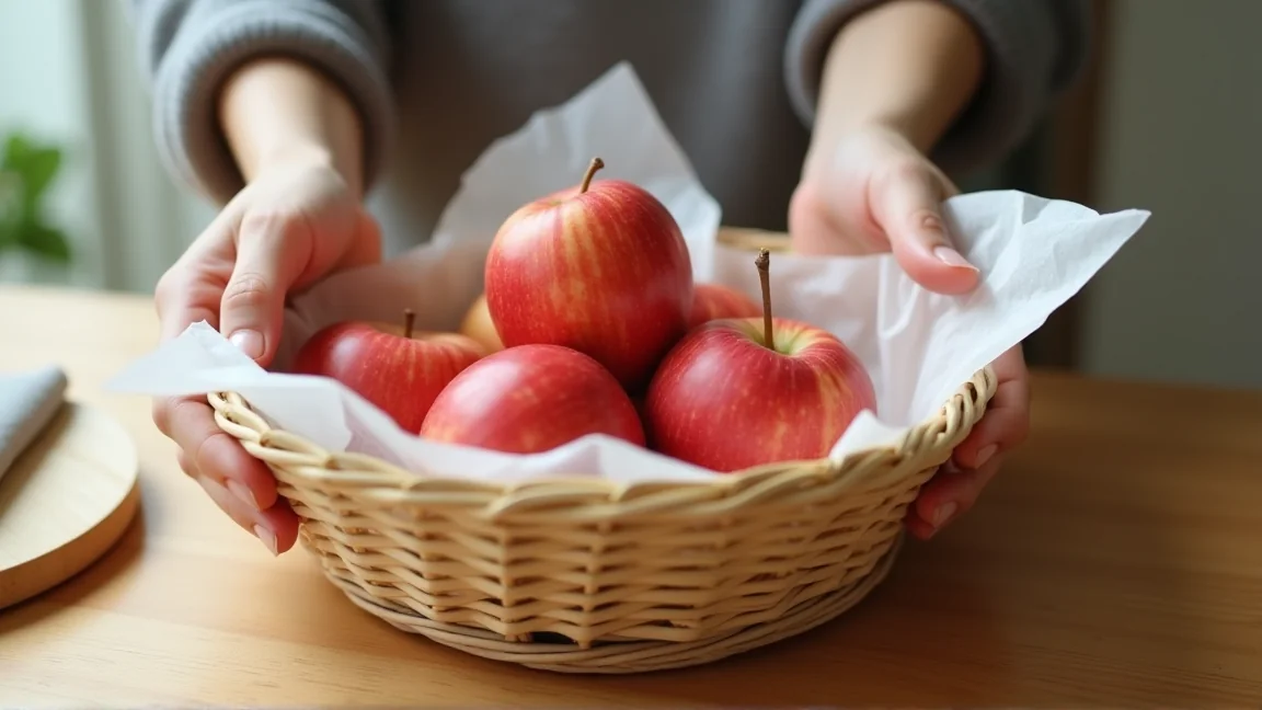 かごに紙を敷き、果物を重ねずに間隔をあけて並べる手元
