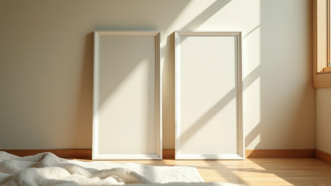 洗い終えたエアコンのフィルターを日陰で立てかけて乾かしている様子