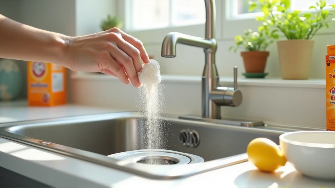 排水口に重曹をふりかけているところ