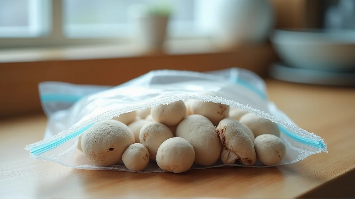 保存袋に小分けにして冷凍したしめじとまいたけ