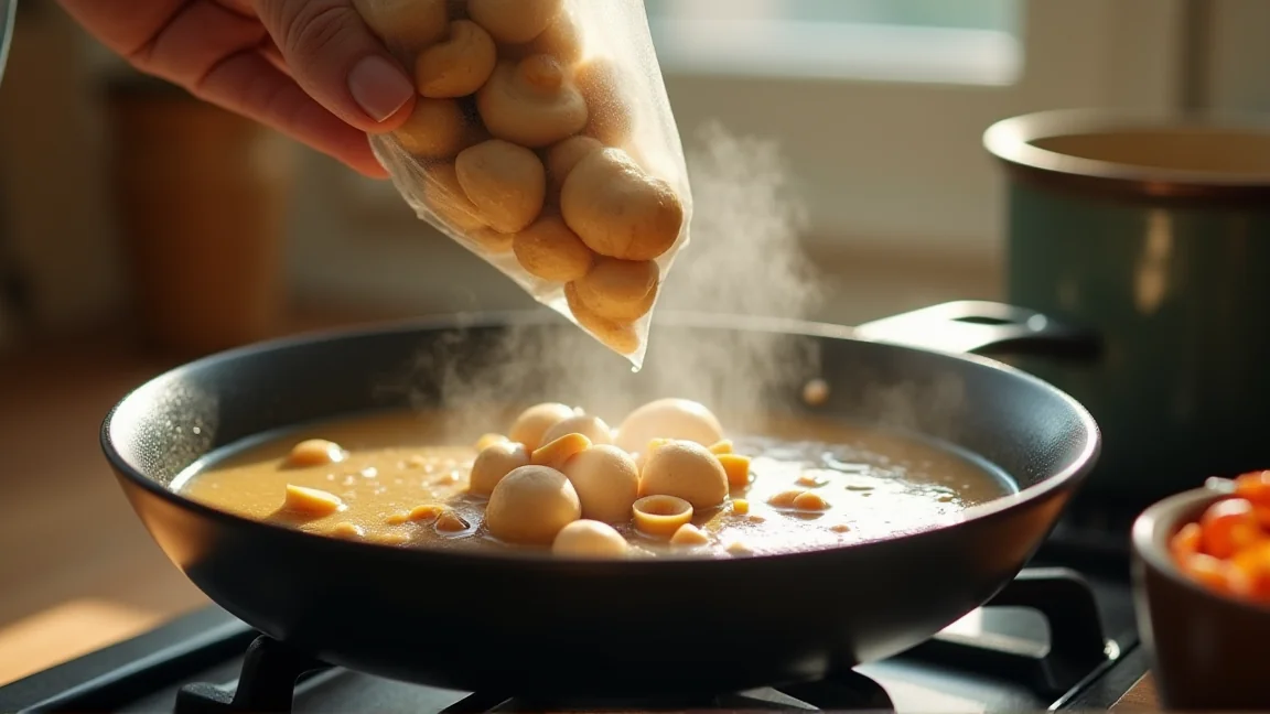 凍ったままのきのこを沸いた味噌汁の鍋に入れる様子