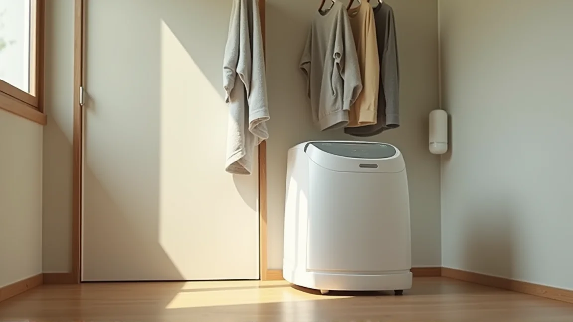 洗濯物の下に置いた除湿機と閉め切った洗面所