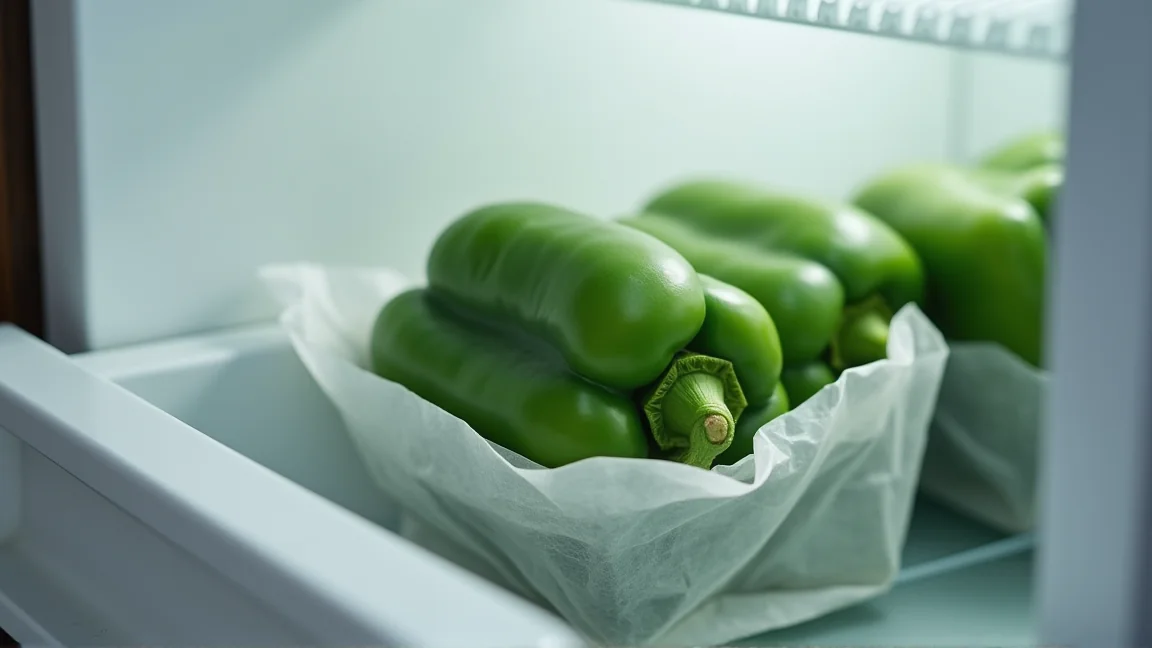 冷蔵庫の野菜室にピーマンを立てて並べた様子