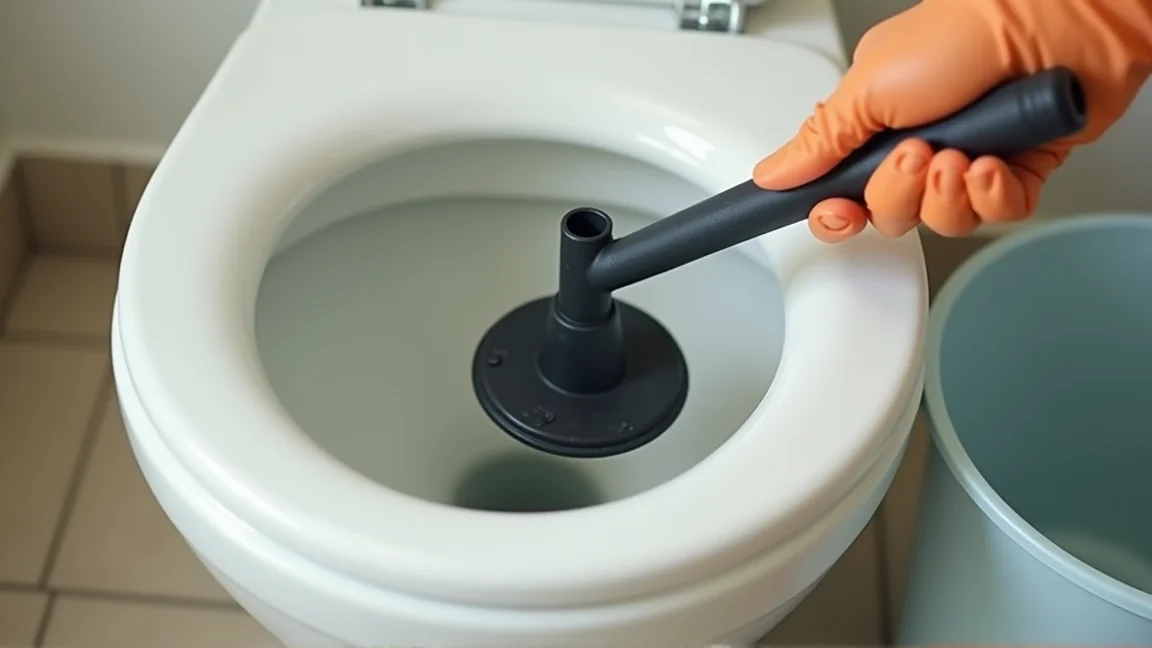 洋式トイレの排水口にラバーカップを押し当てているところ
