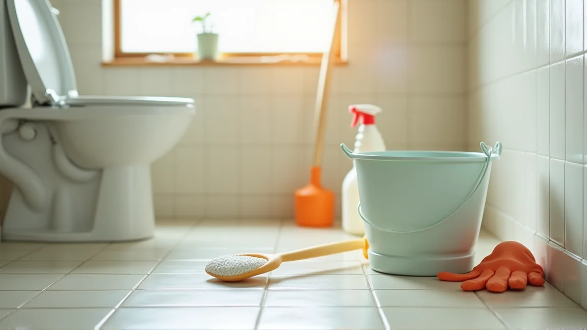 トイレ掃除の道具一式が並べられた床