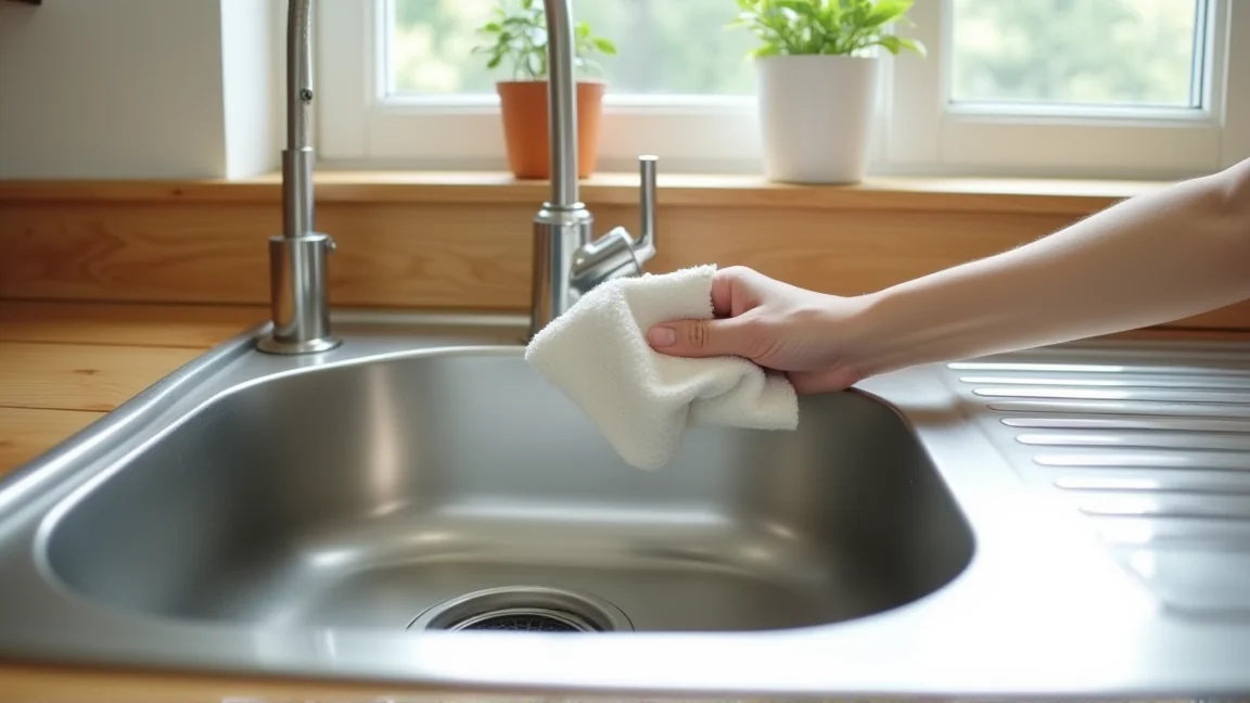 掃除のあとに乾いた布でシンクの水気をふき取る様子