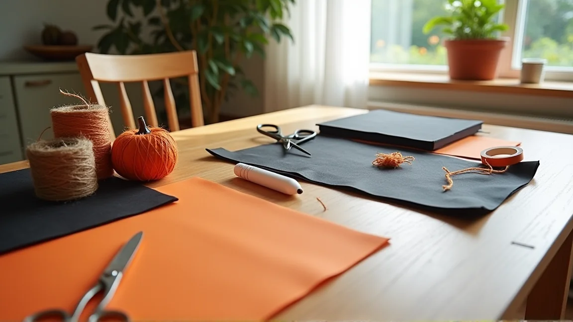 机の上に並べたハロウィン飾りの材料と道具