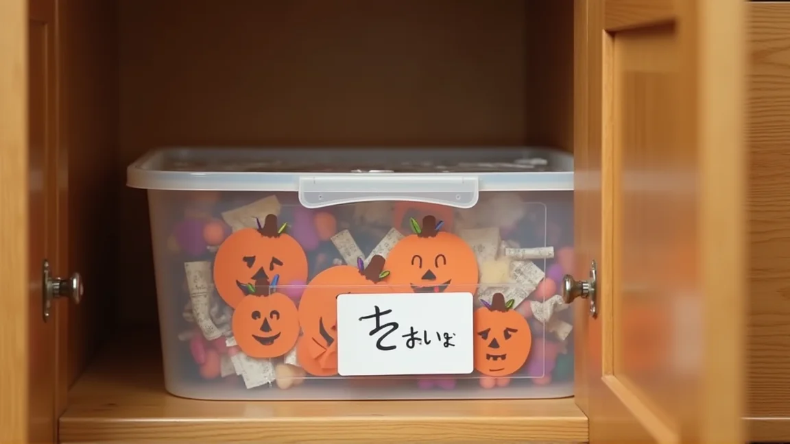 収納ケースにまとめたハロウィンの手作り飾り