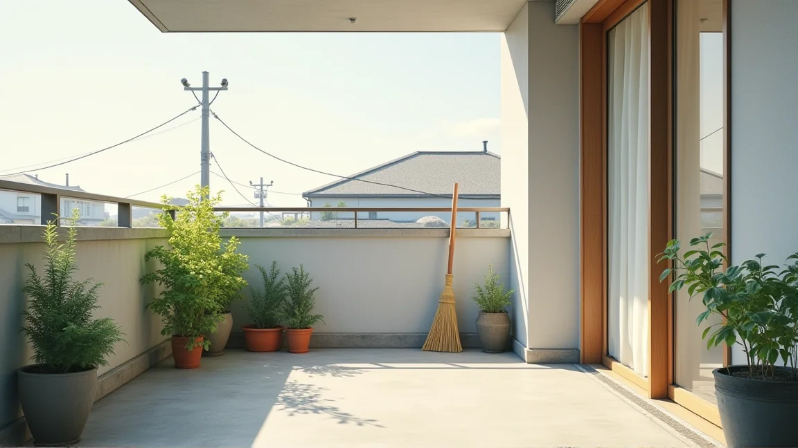 掃除を終えた集合住宅のベランダの全景