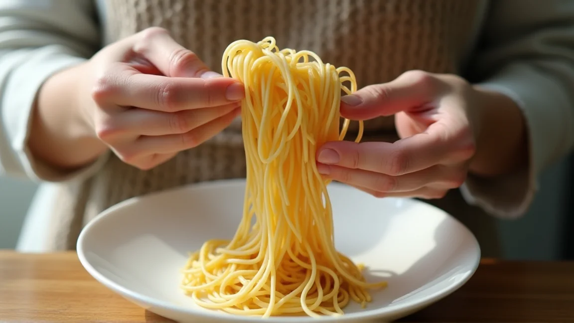 白い皿の上で乾麺の色と表面を確かめる手元