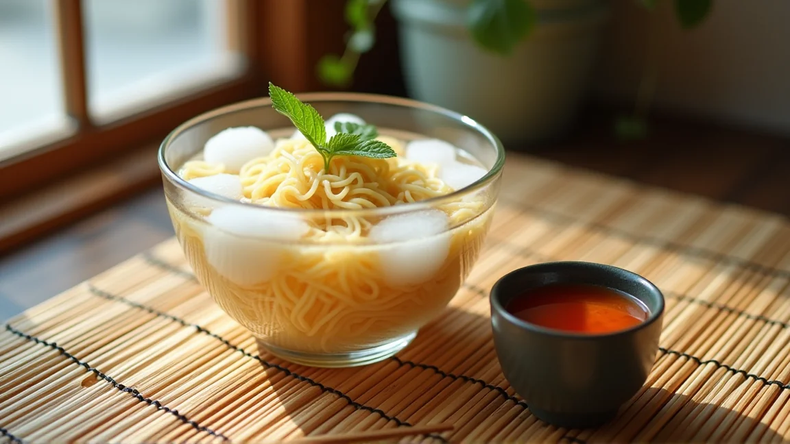 氷水に浮かぶゆでたそうめんとつゆの器