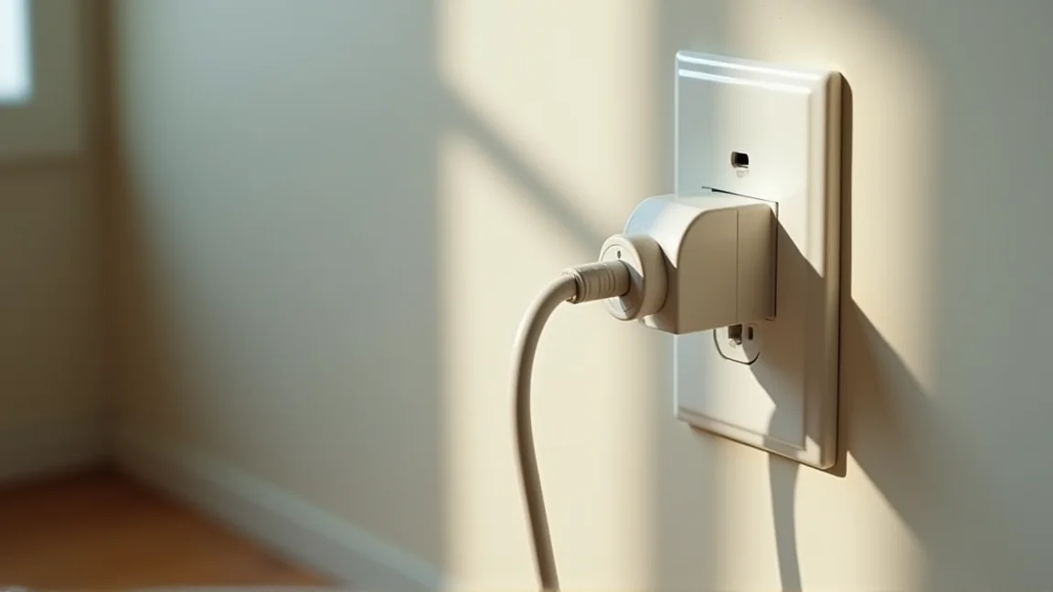 壁のコンセントに直接差し込まれた電源プラグと分電盤