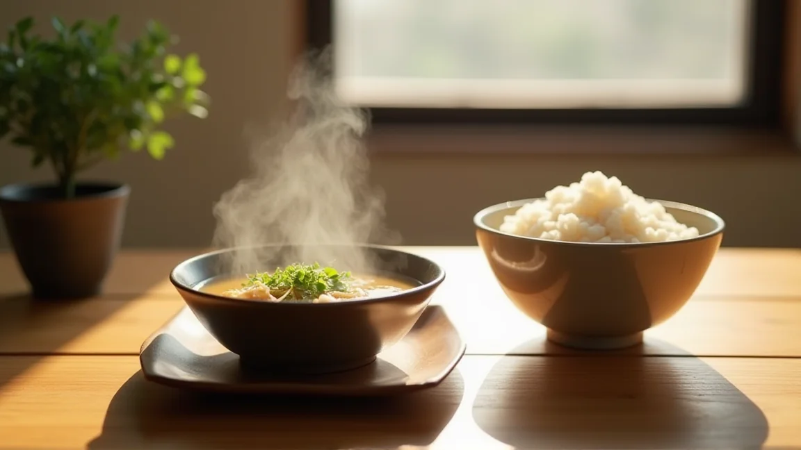 朝の食卓に置かれた湯気の立つ味噌汁とご飯