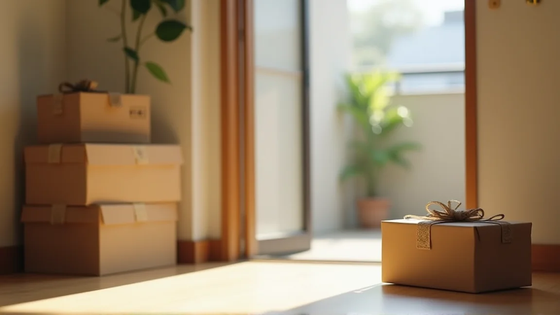 引っ越し当日の玄関前に積まれた段ボールと、のし紙をかけた小さな贈答品