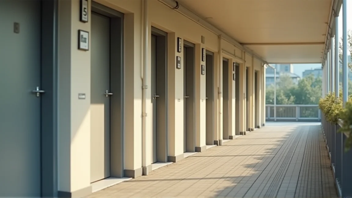同じドアが並ぶ集合住宅の外廊下