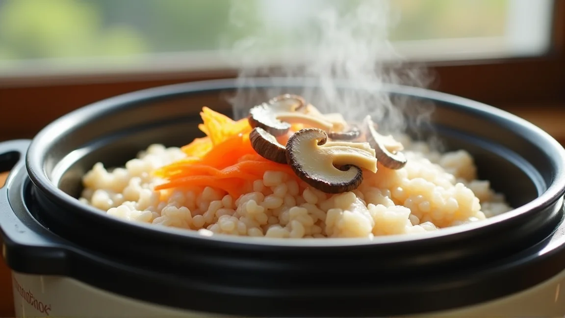 炊き上がったばかりの炊き込みご飯を内釜のまま見た様子