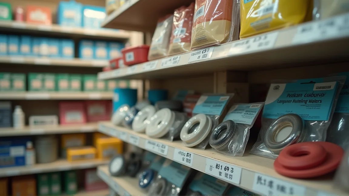 ホームセンターの水まわり売り場に並ぶ蛇口用のゴムパッキン