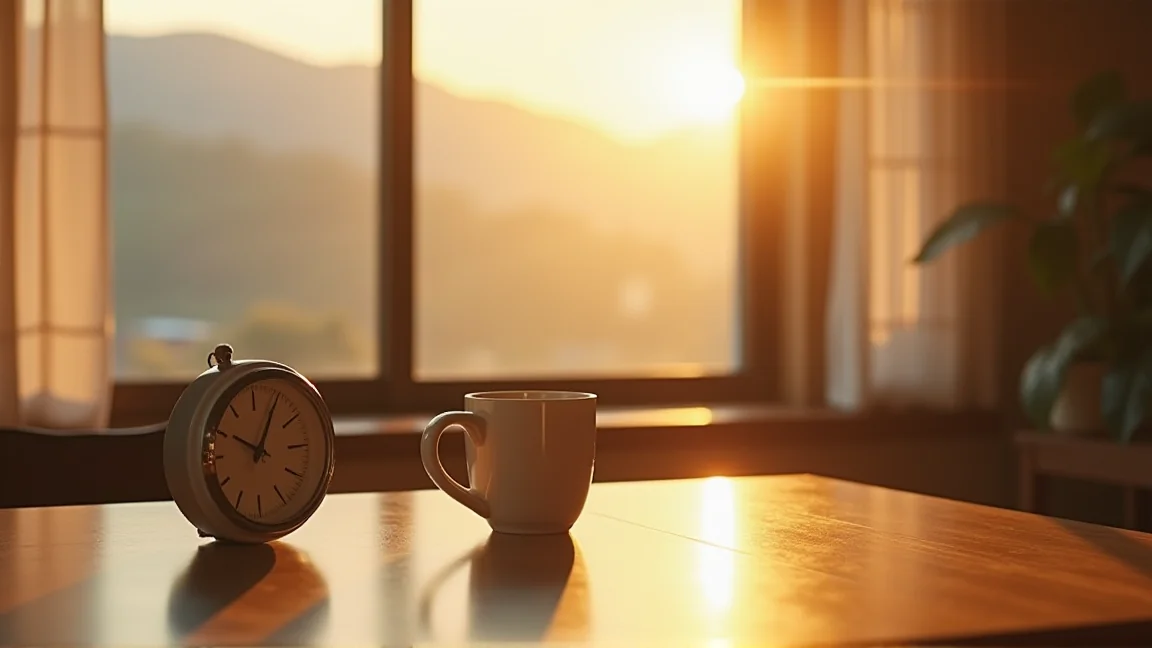 秋の夕方、窓を閉めた落ち着いたリビング