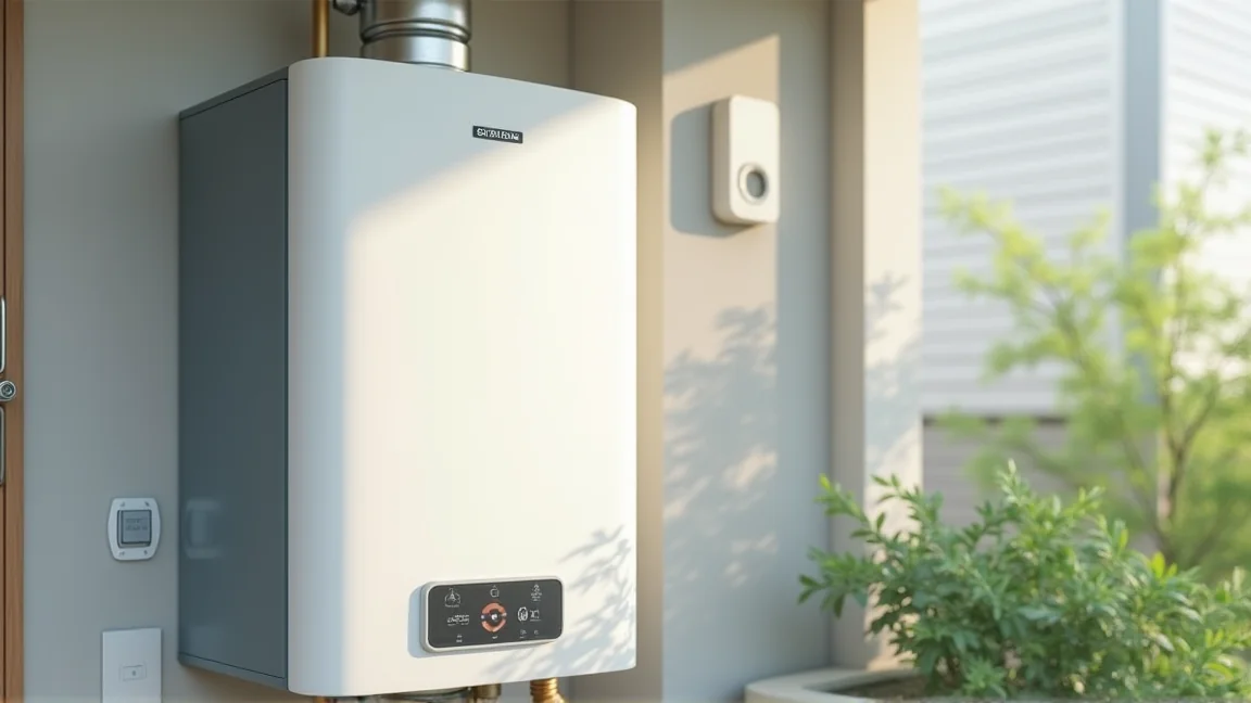 屋外に設置された給湯器の本体と型番ラベル