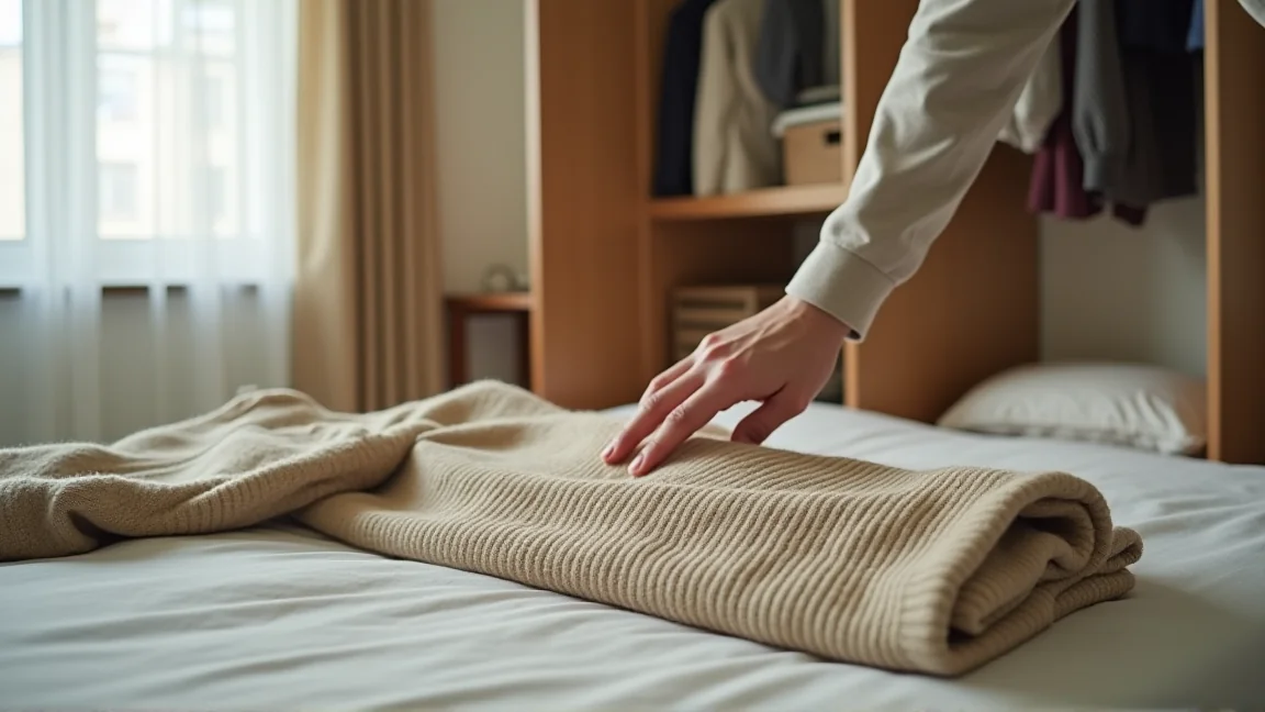 クローゼットの前で手持ちの服と新しい一枚を並べて見比べる手元