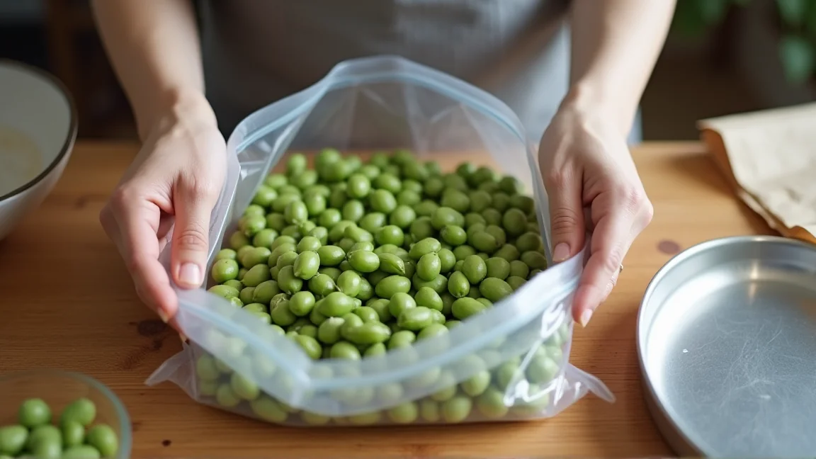 水気を拭いた枝豆を冷凍用保存袋に平らに並べる手元