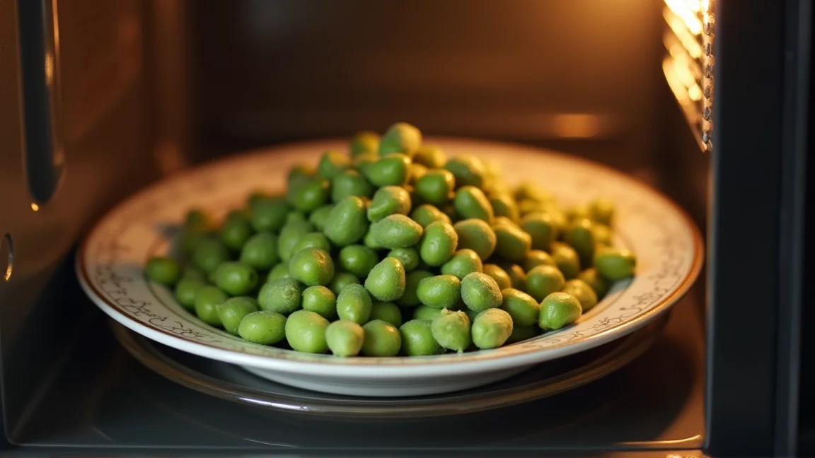 凍ったままの枝豆を耐熱皿に広げて電子レンジで温める様子