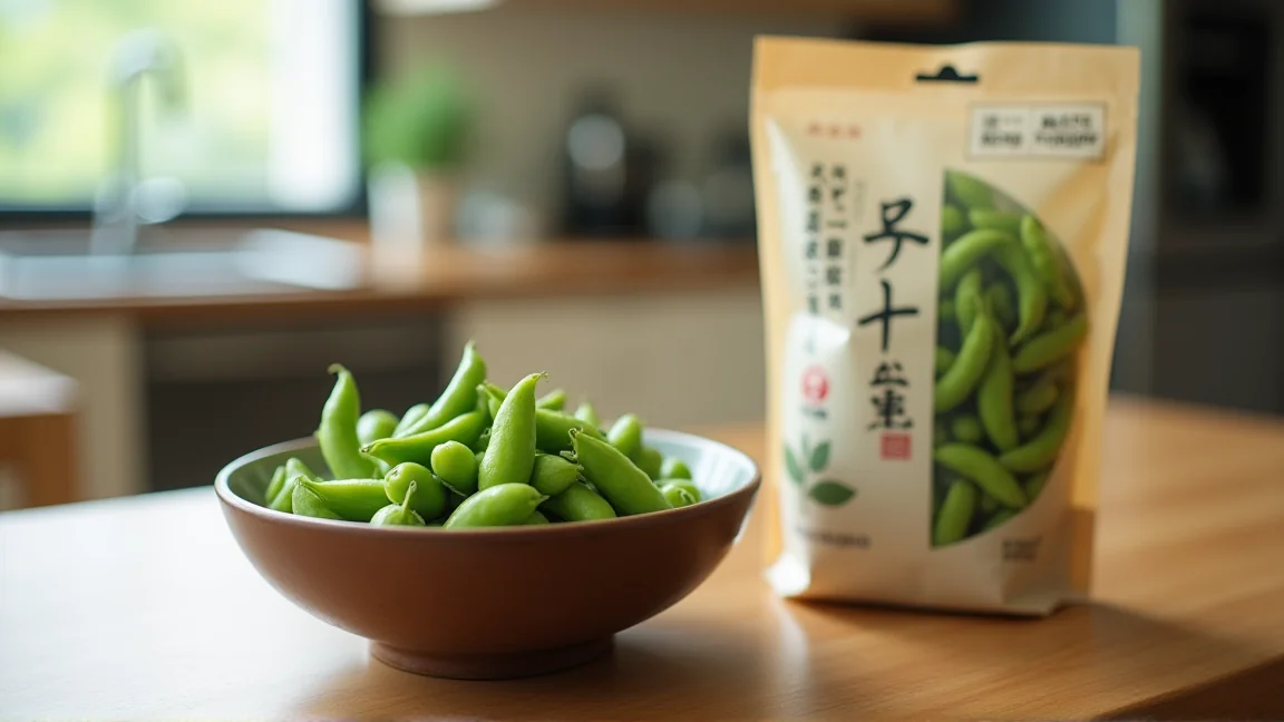 小鉢に盛った解凍後の枝豆と小分けした保存袋