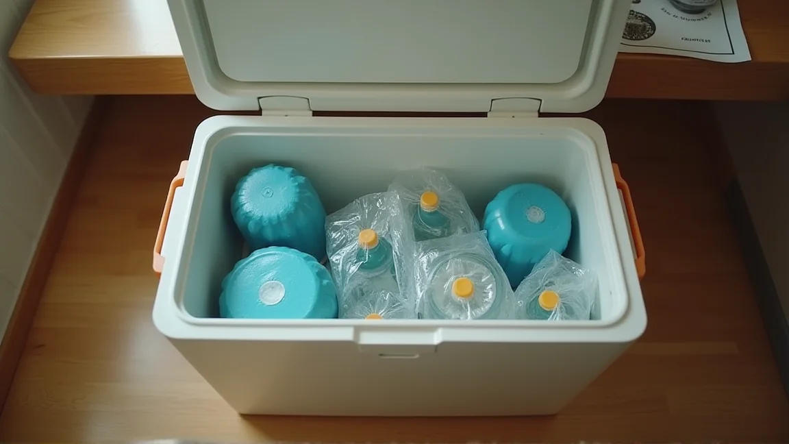 保冷剤と食品を移したクーラーボックスをキッチンの床に置いた様子