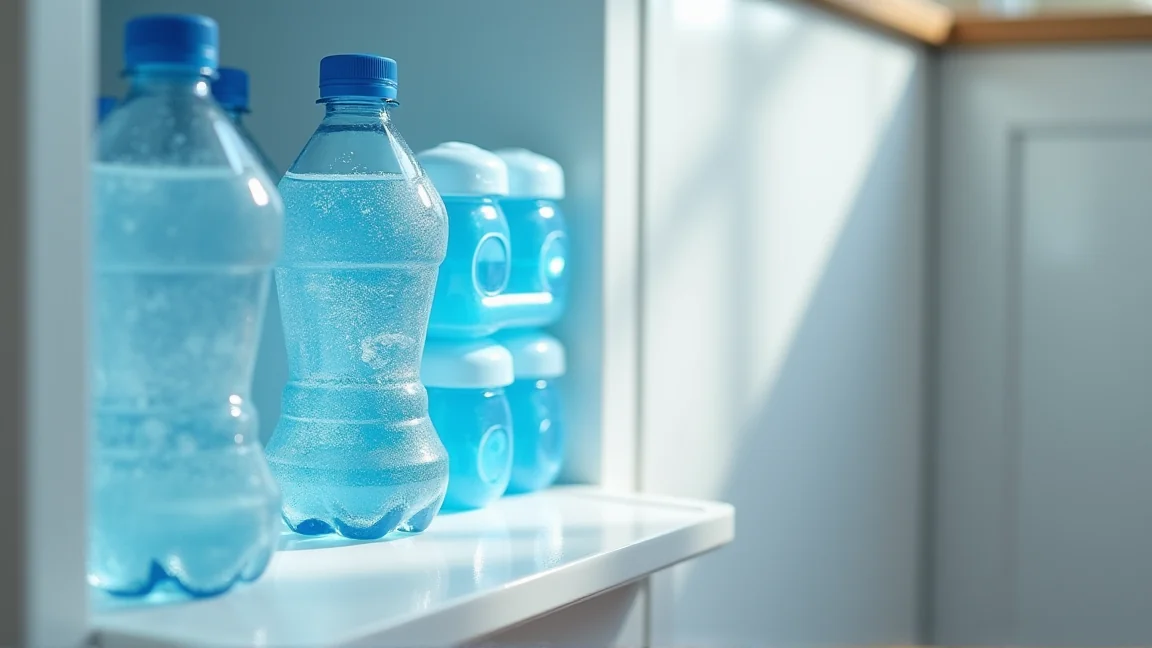 冷凍庫に立てて凍らせたペットボトルと保冷剤が並ぶ様子