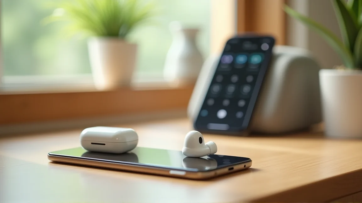 机の上に置かれたワイヤレスイヤホンとスマートフォンの音量設定画面