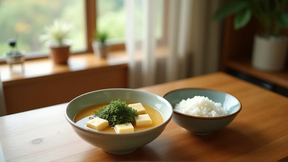 朝食の食卓に並んだ味噌汁の椀とご飯