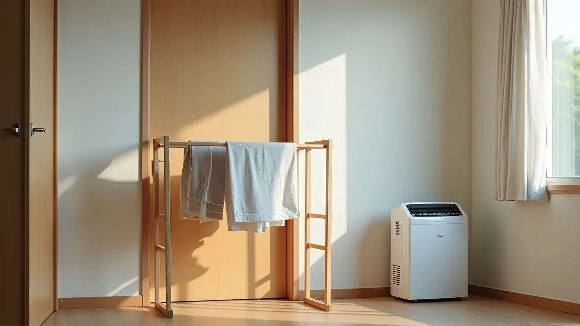 室内干しの洗濯物と除湿機のある部屋