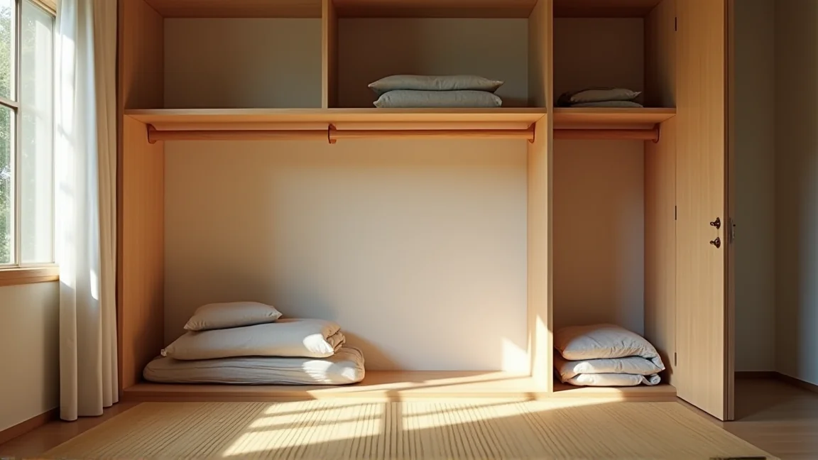 押し入れの扉を開けてすのこを敷いた収納