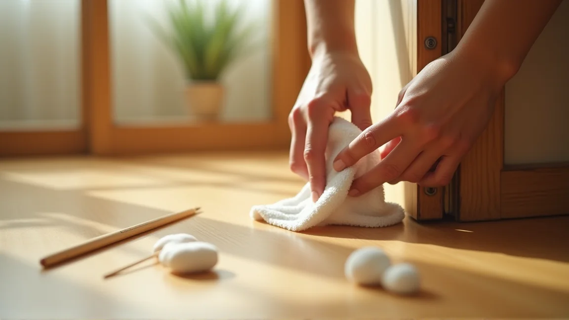 乾いた布と綿棒、鉛筆で蝶番まわりを掃除している手元