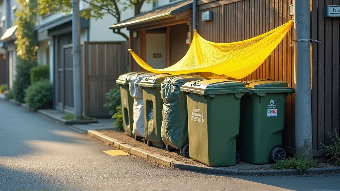 住宅街の集積所に置かれたごみ袋とカラス除けの黄色いネット