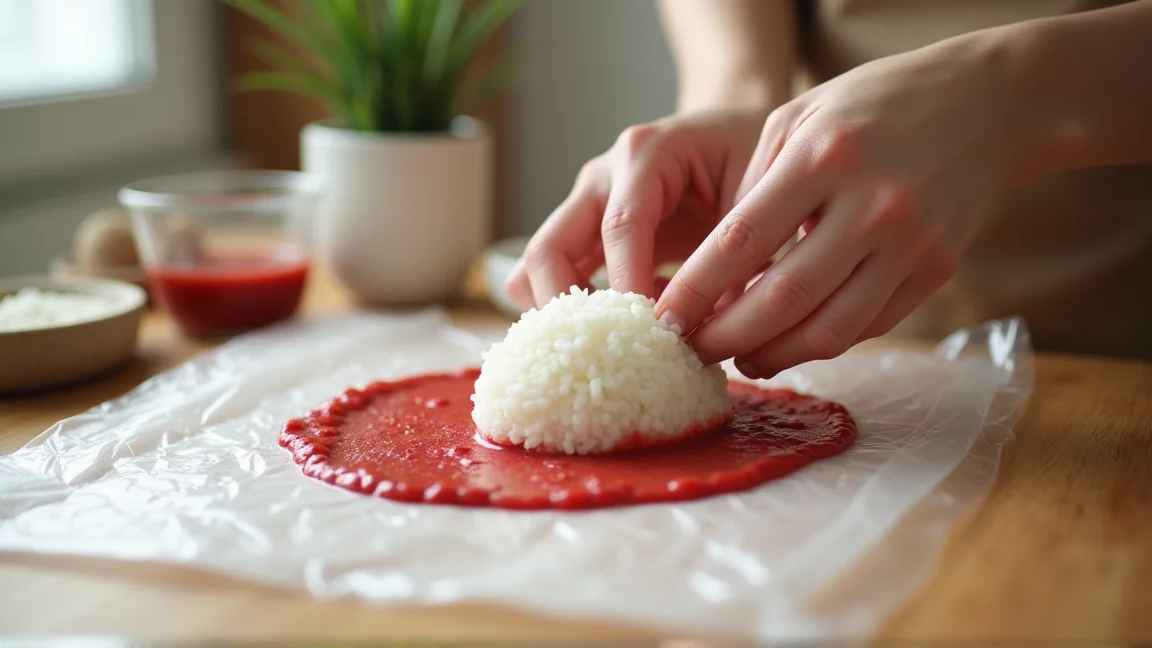 ラップの上に広げたあんでご飯玉を包む手元
