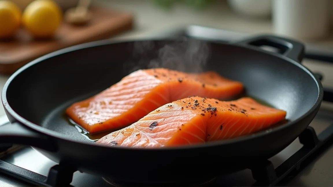 フライパンで皮目を下にして焼かれている鮭の切り身