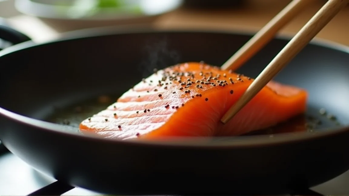 フライパンの上で焼き上がった鮭の皮を菜箸で確認している様子