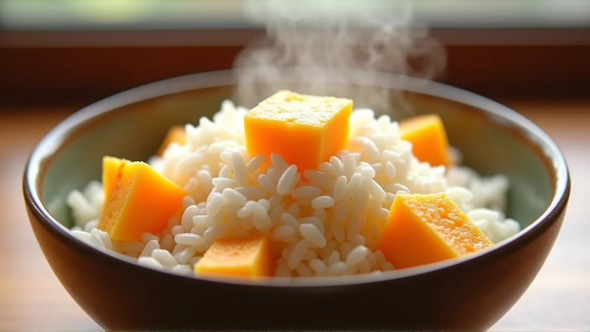 炊き上がったさつまいもご飯を茶碗によそったところ