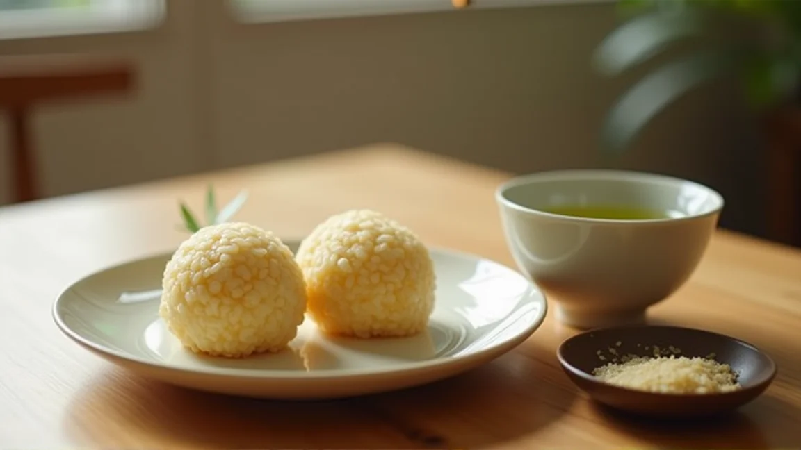 木のテーブルに置かれたさつまいもご飯のおにぎりとお茶