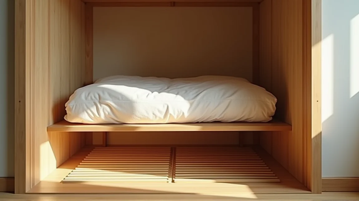 押入れの下段にすのこを敷いて布団を置いた様子