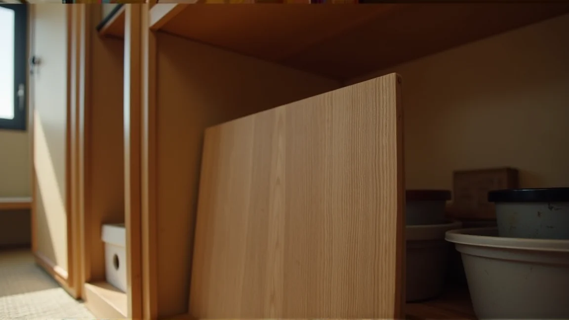 押入れの壁側に立てかけたすのこと荷物のすき間