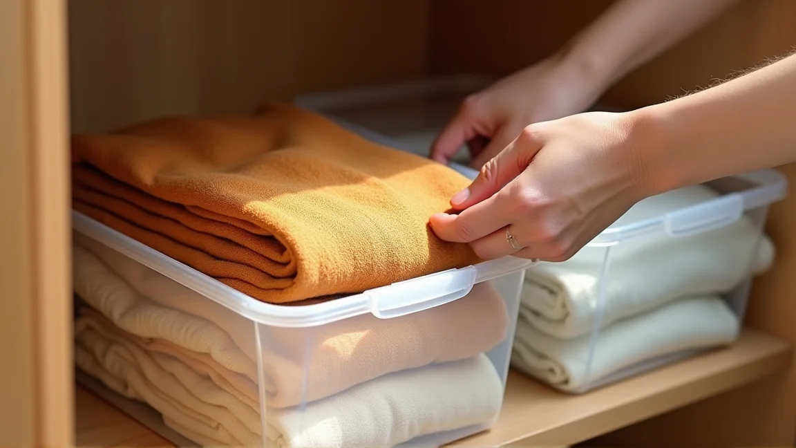 衣替えでたたんだ衣類を押入れの収納ケースに入れる場面