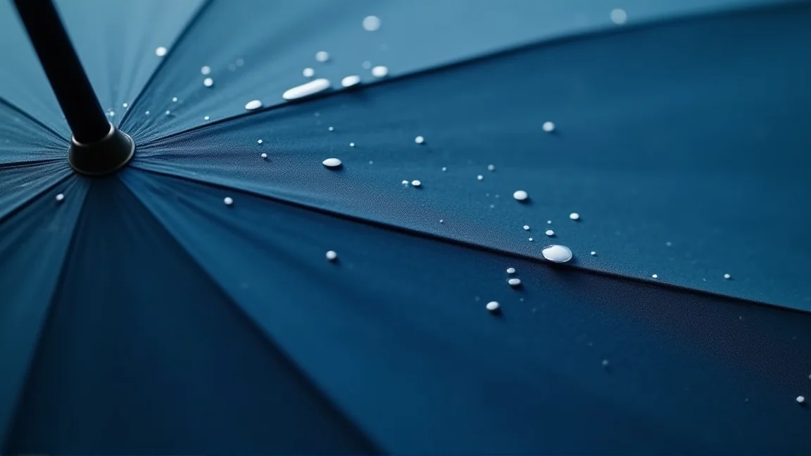撥水が落ちた傘の生地の上で水滴が広がっている様子