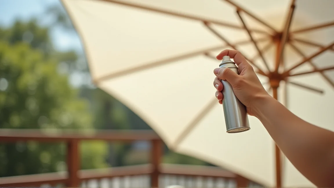 屋外のベランダで開いた傘に撥水スプレーを噴きかけている手元