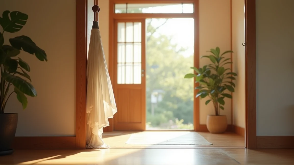 玄関で開いたまま干されている傘